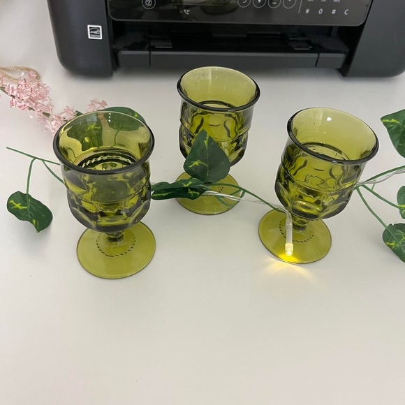 3 Green Glass Goblet Cups / Candle Holders / Trinket Glasses - Picture 3 of 3